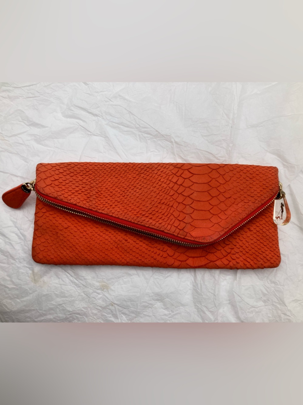 🍊 HENRI BENDEL SUEDE ORANGE Textured Zip-Closure Clutch